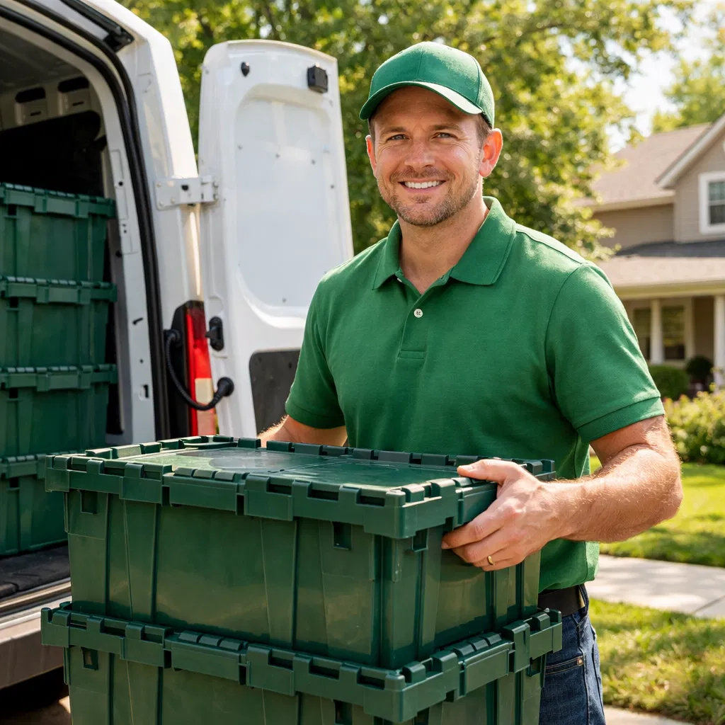 EcoMove Crates delivery person loading reusable moving crates from a van