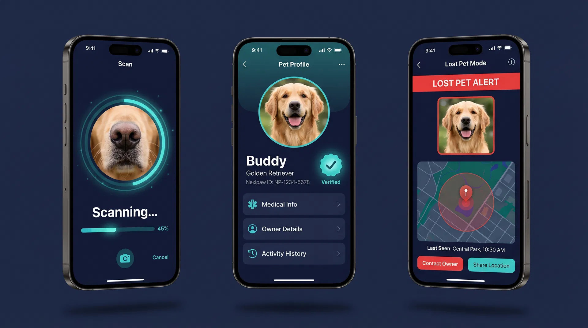 Nexipaw app screens showing scan, profile, and lost pet mode