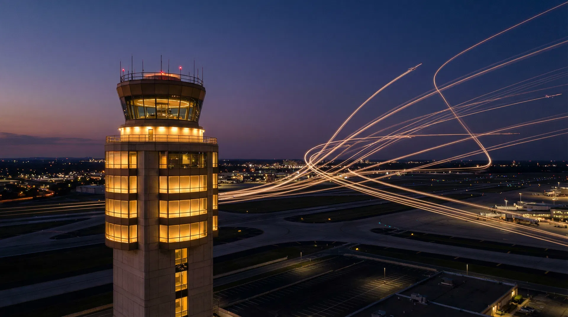 Air traffic control tower at night — a visual metaphor for governance as systemic control