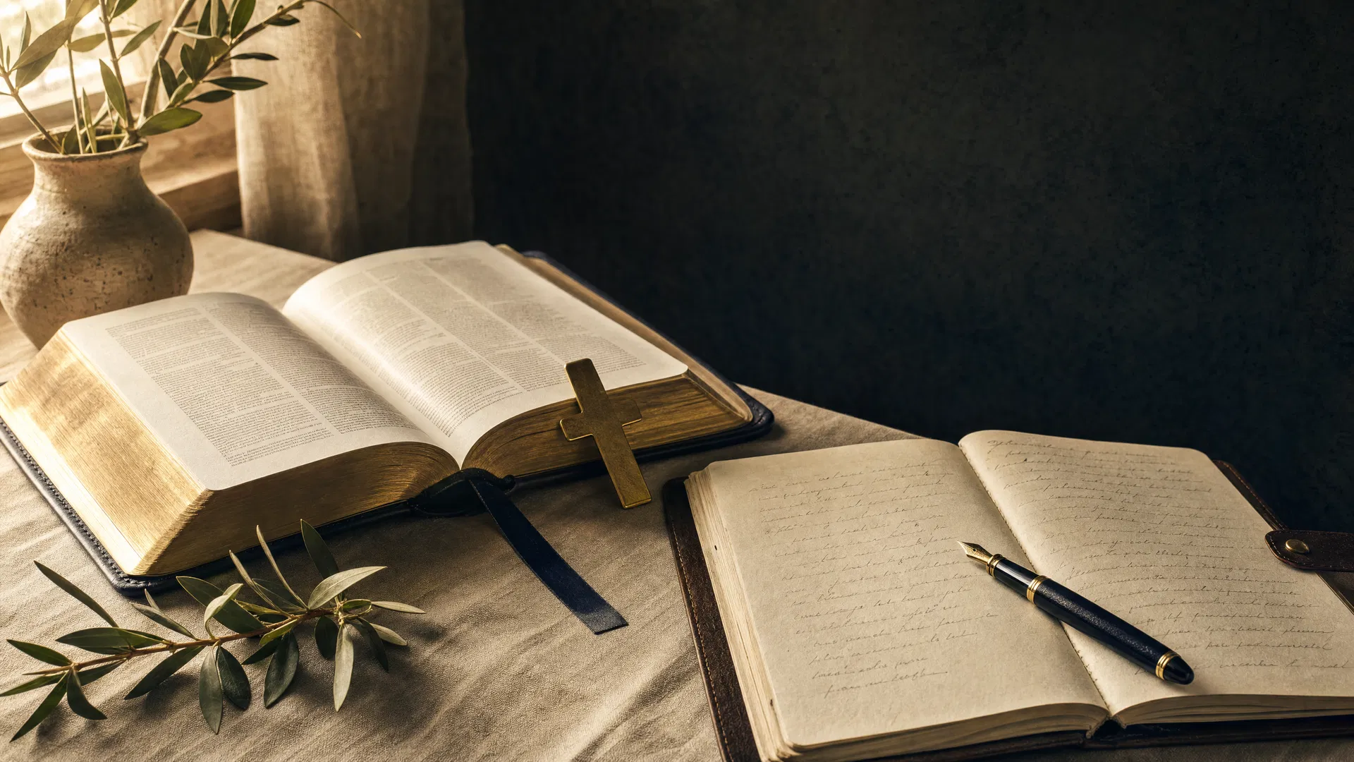 Open Bible and devotional journal in warm morning light