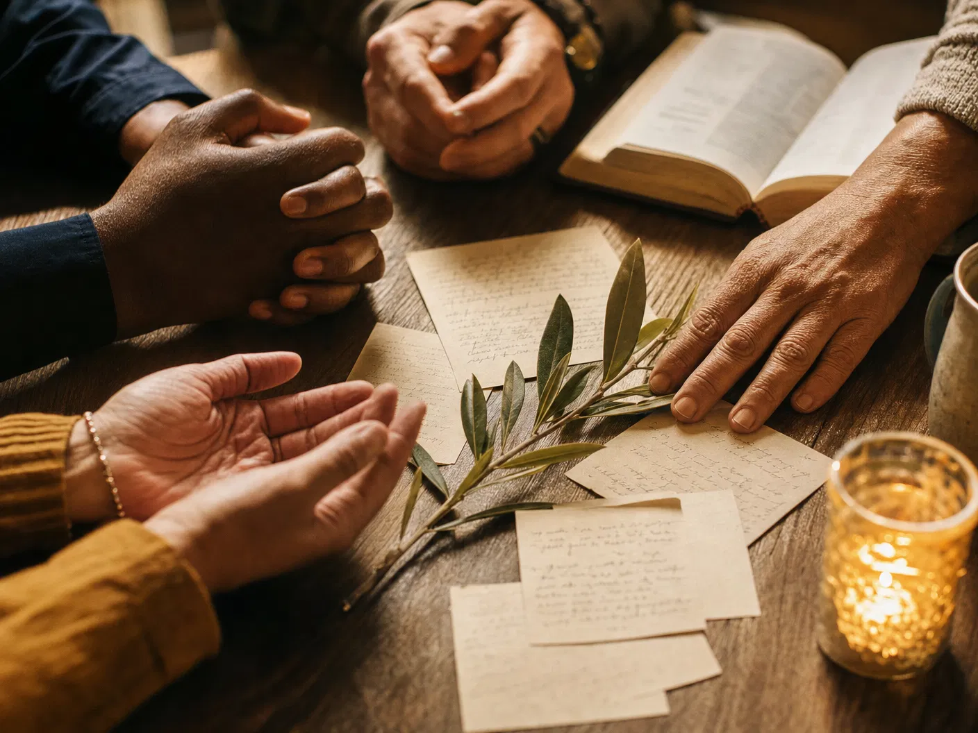 Community prayer cards and hands gathered around a Bible