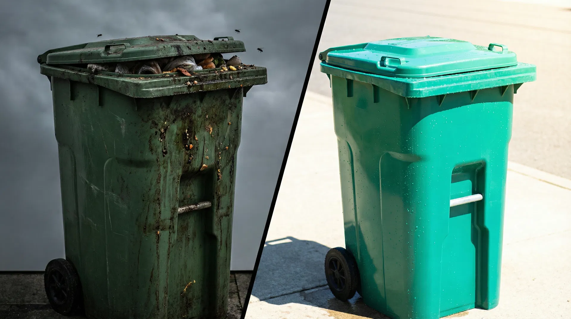 Before and after comparison of trash can cleaning