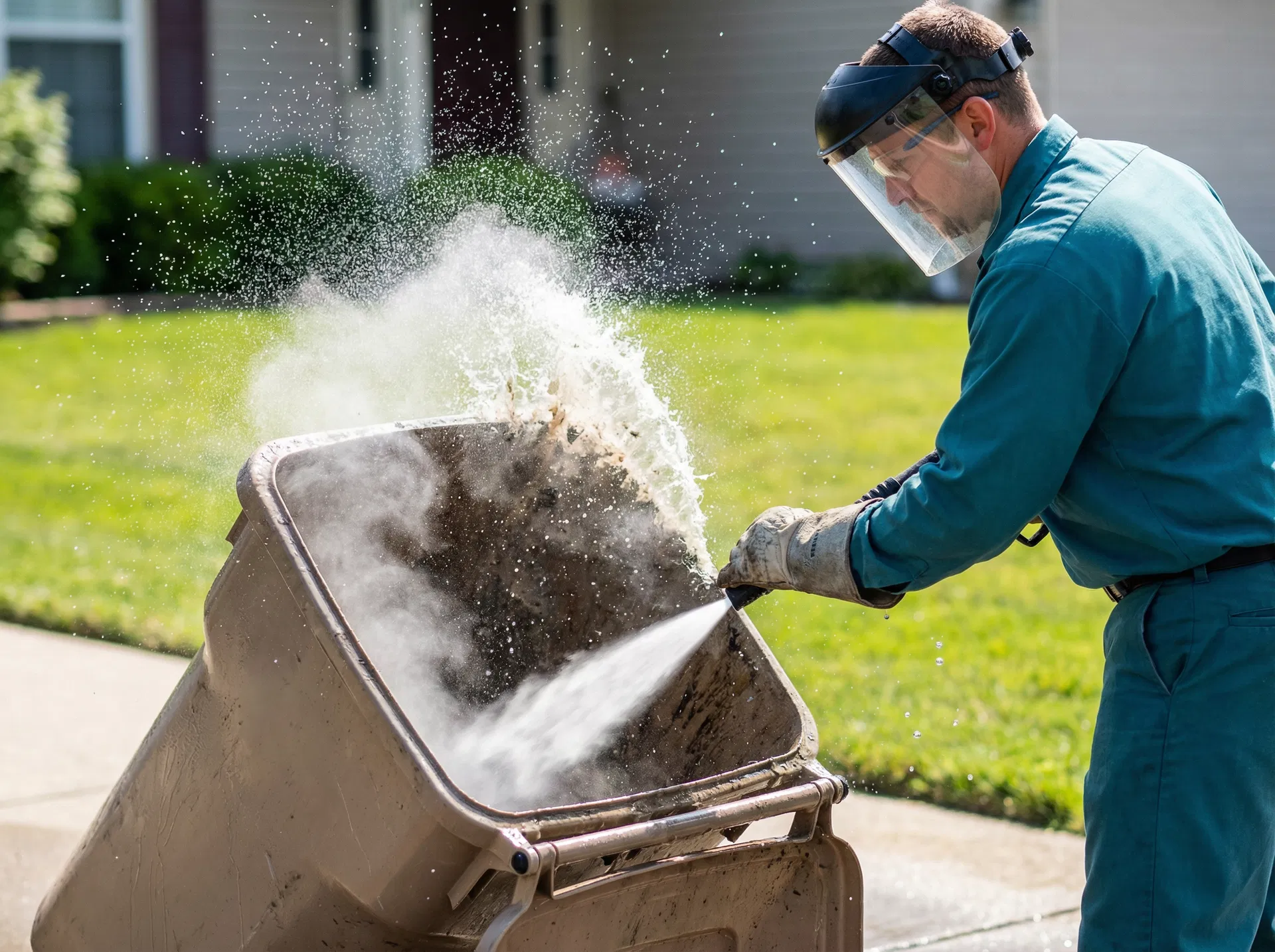 Professional cleaning a trash can with high-pressure water