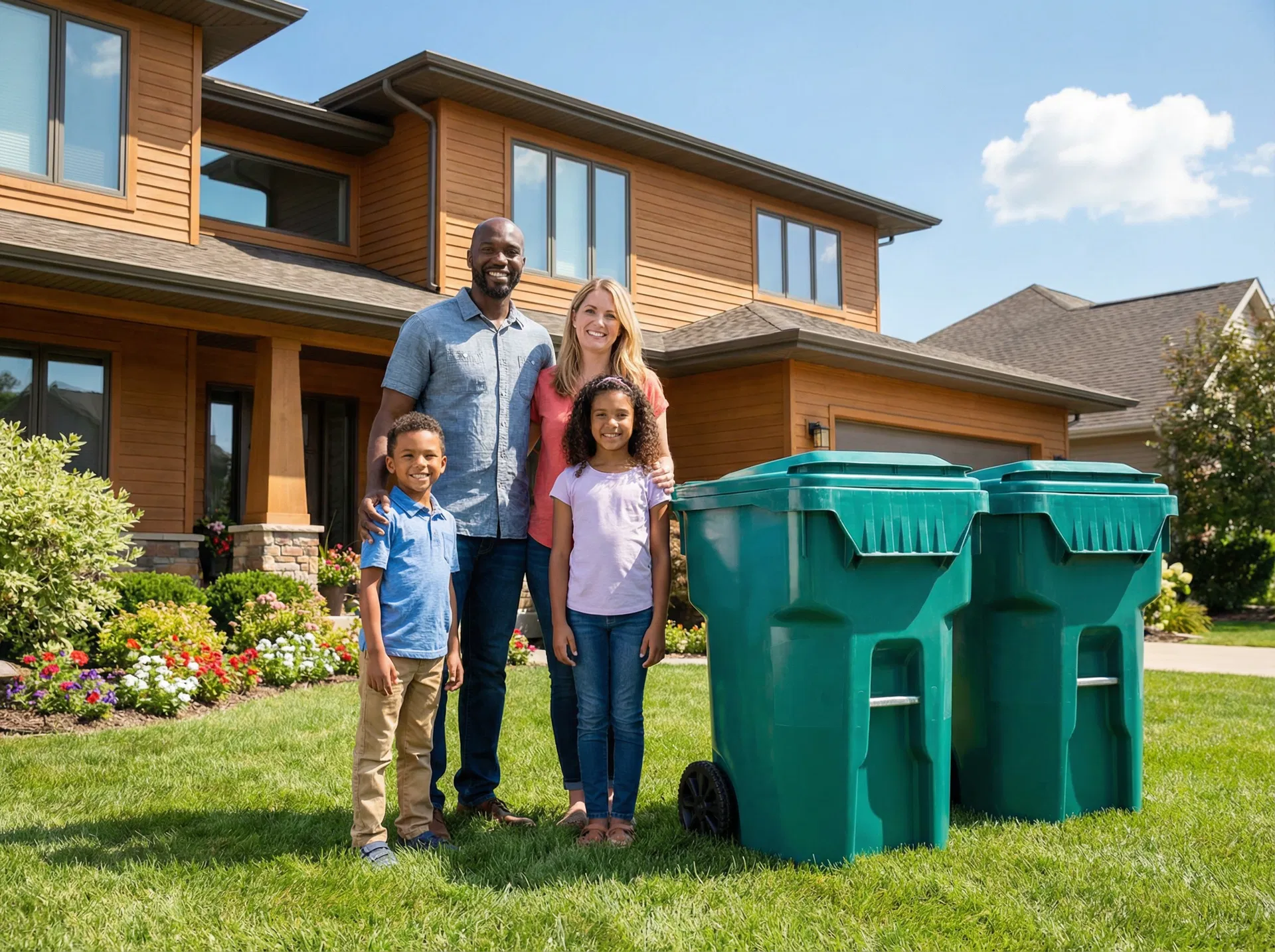 Happy Gulf Coast family enjoying clean trash cans