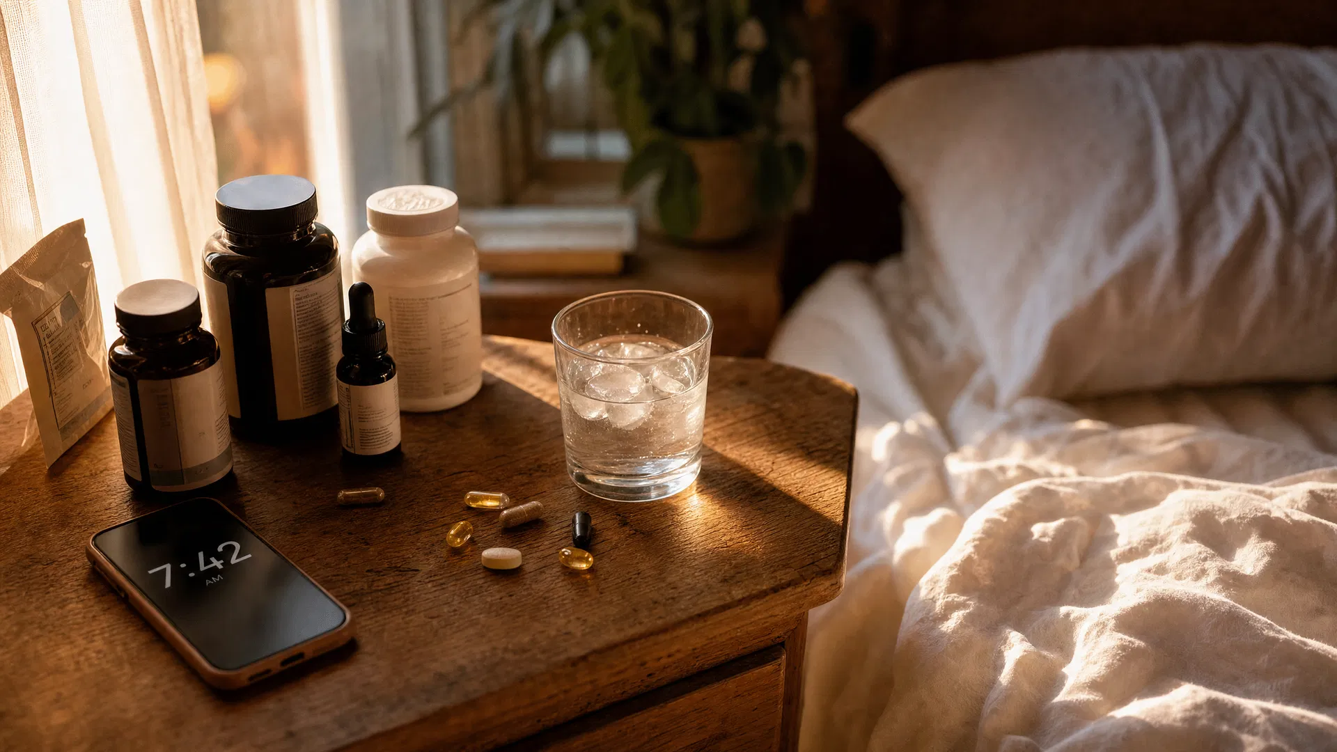 Hangover supplements on a nightstand at 7:42 AM