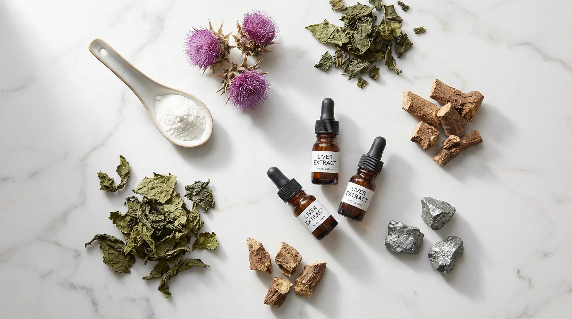 Key liver supplement ingredients on marble surface