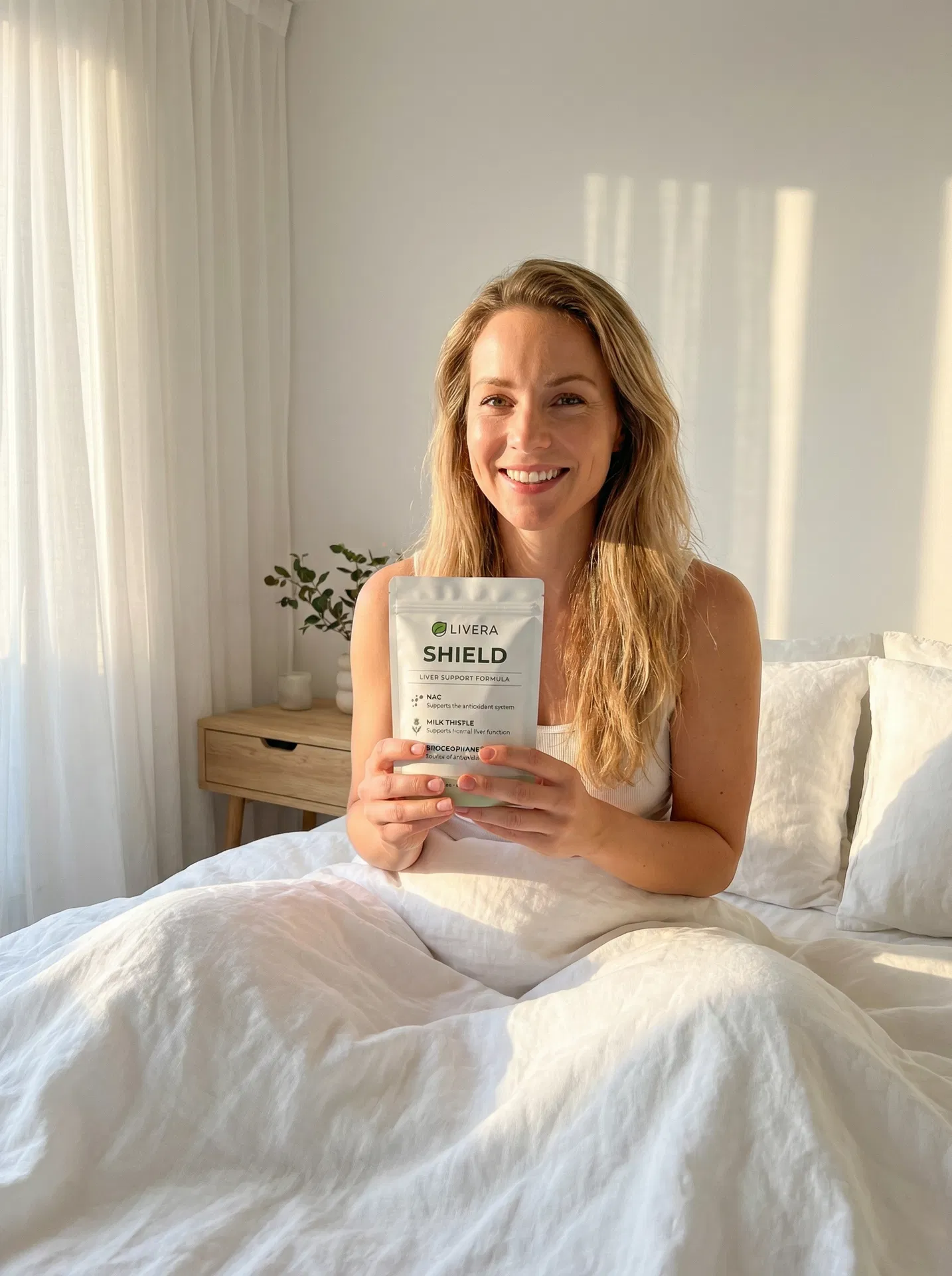 Vrouw neemt Livera Shield 's ochtends — fit en energiek