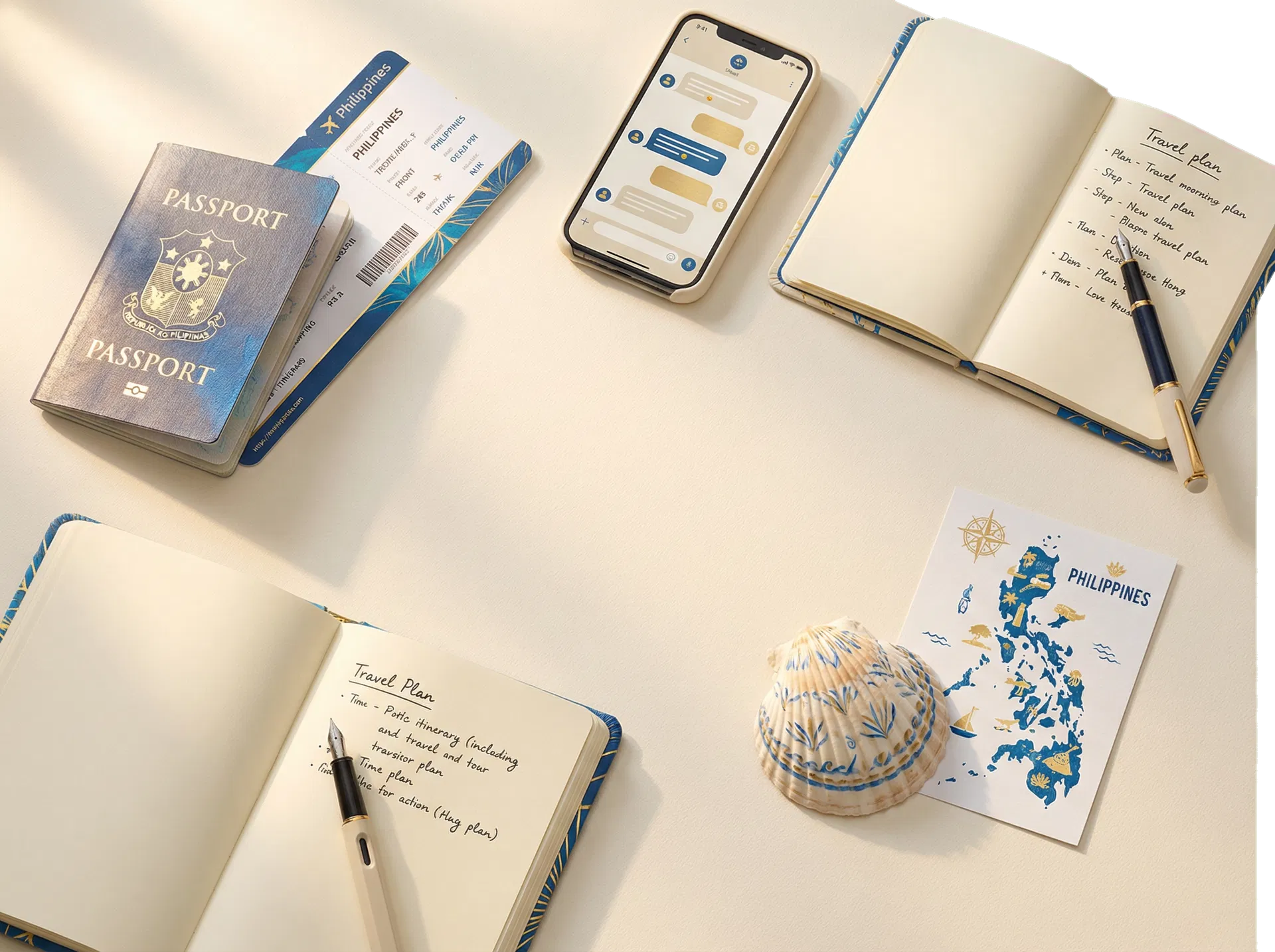 Travel planning flat-lay with passport, phone, notebook, and Philippines postcard