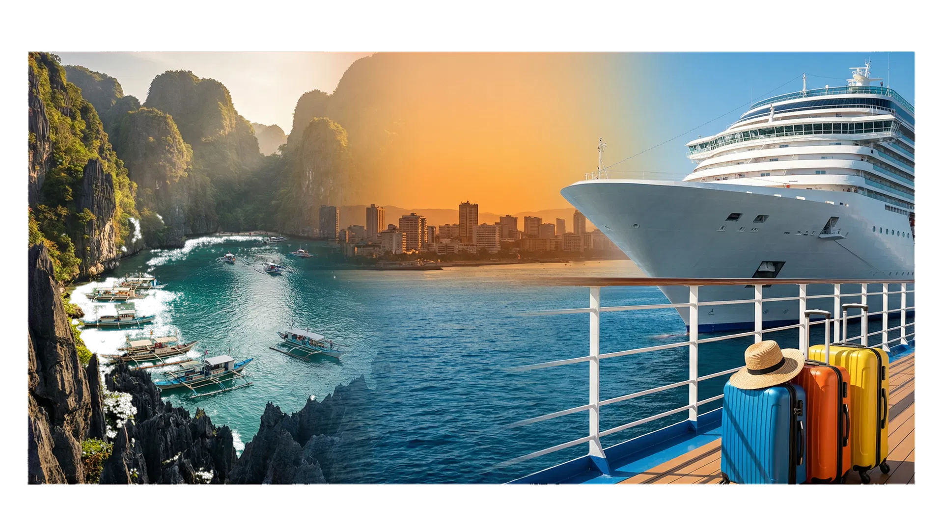 Editorial collage of island scenery, city skyline, cruise ship, and luggage