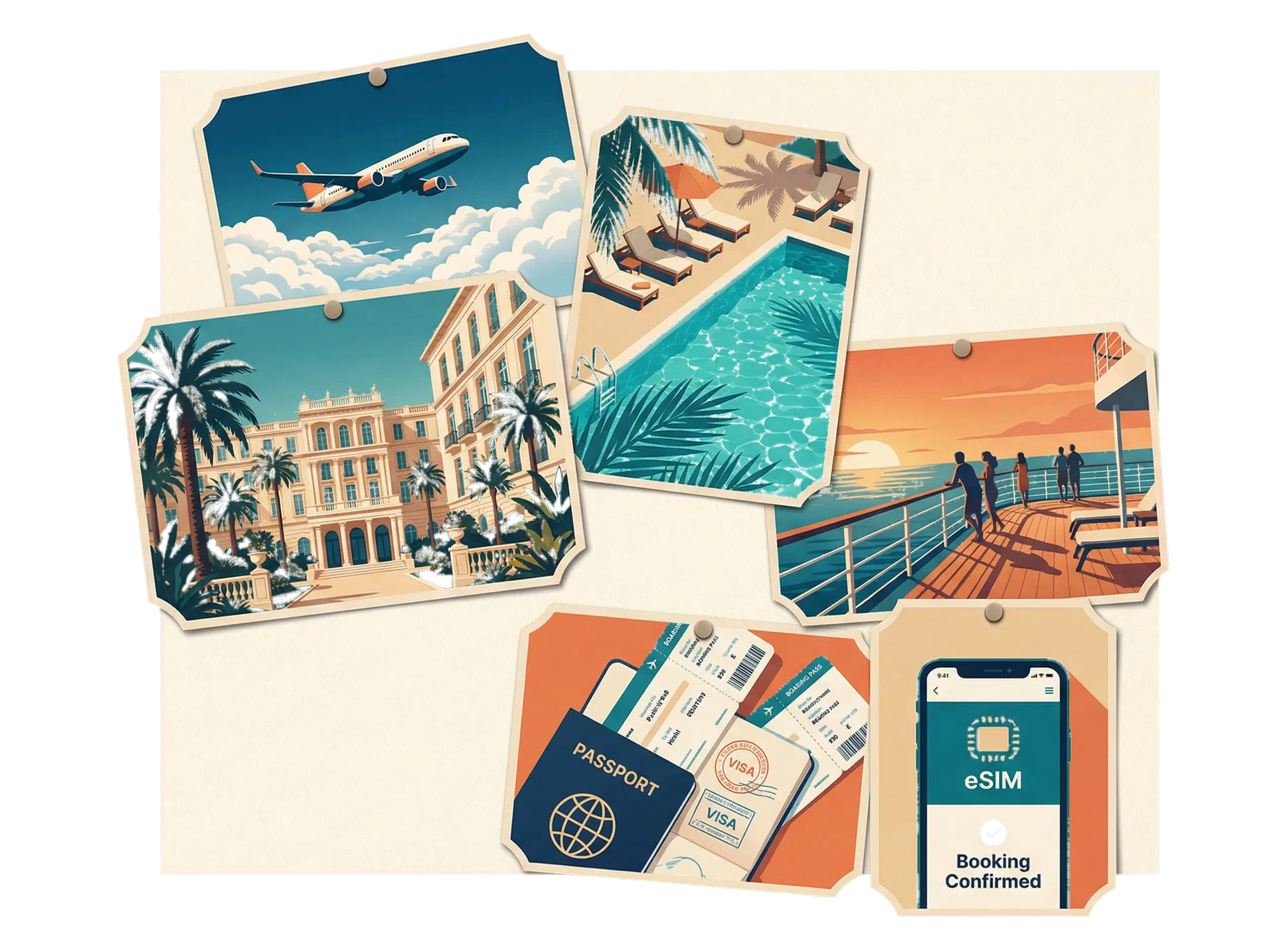 Travel collage featuring flights, hotels, pool stays, cruise experience, passport documents, and digital booking