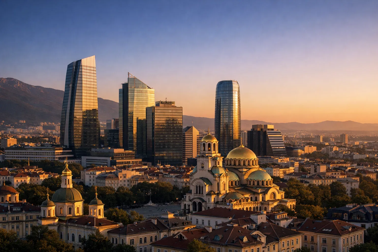 Sofia, Bulgarien – Skyline bei Sonnenuntergang