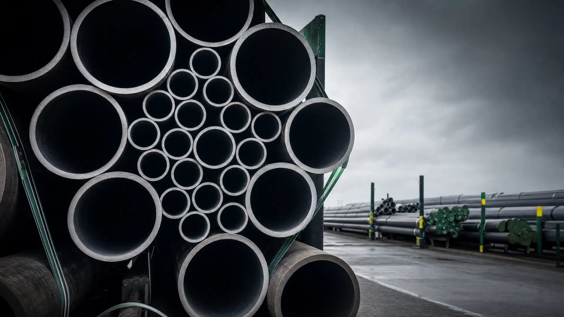 Heavy-wall steel tubes stacked in an industrial yard
