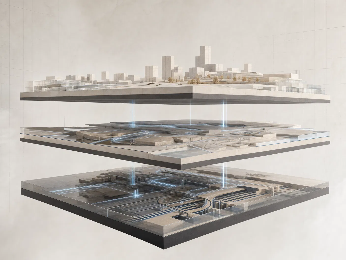 Abstract layered citymaking platform representing vision, capital, and execution