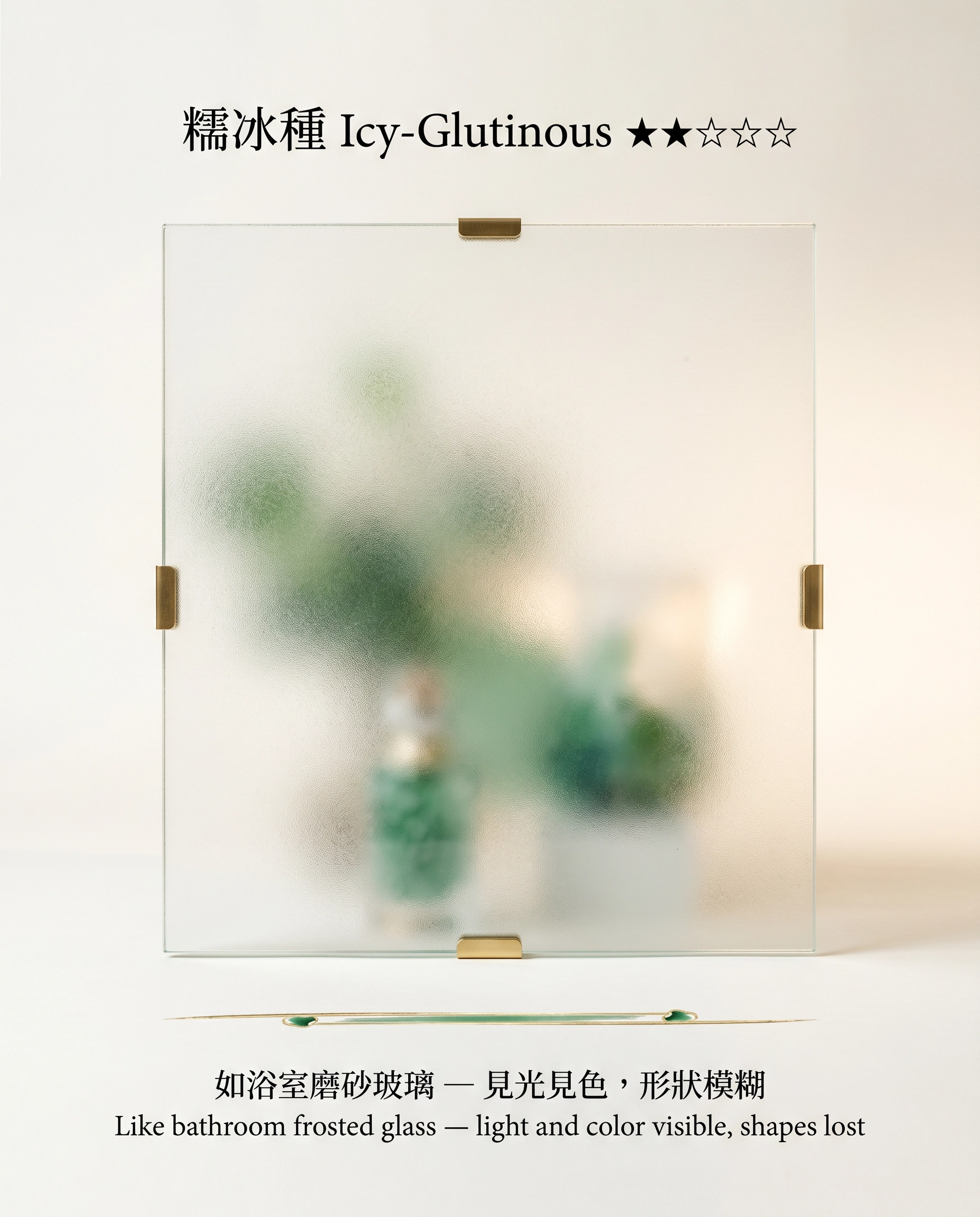 糯冰種:如浴室磨砂玻璃,見光見色,形狀模糊 ★★☆☆☆