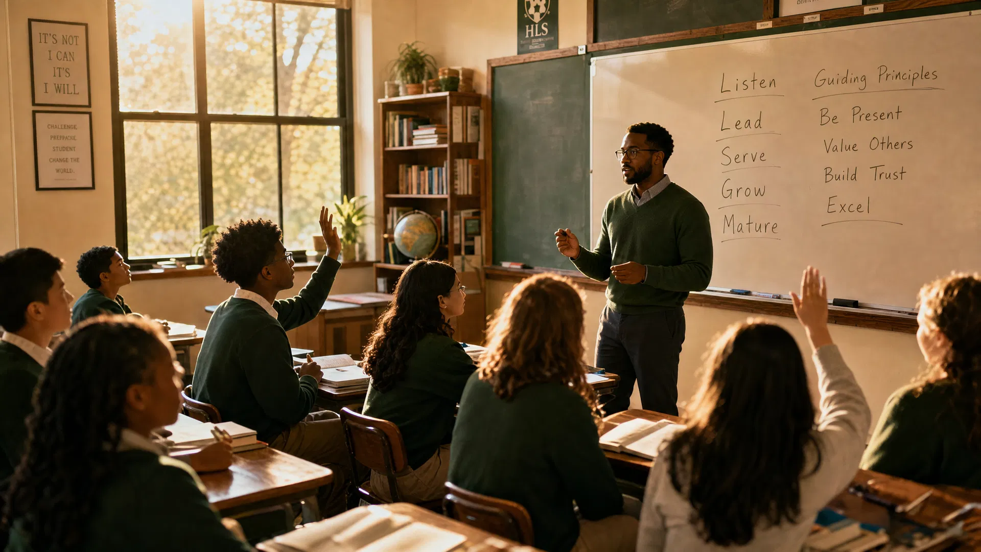 Teacher leading a classroom of engaged teen students with whiteboard showing leadership words