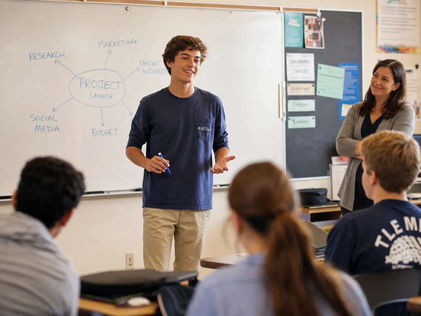 Confident teenage student presenting to class with teacher watching approvingly