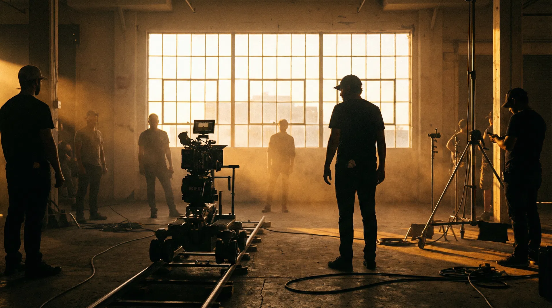 Film production set at golden hour