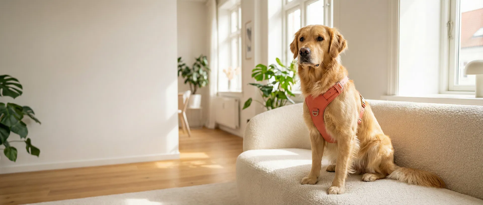 Golden retriever on a cream sofa wearing a coral harness