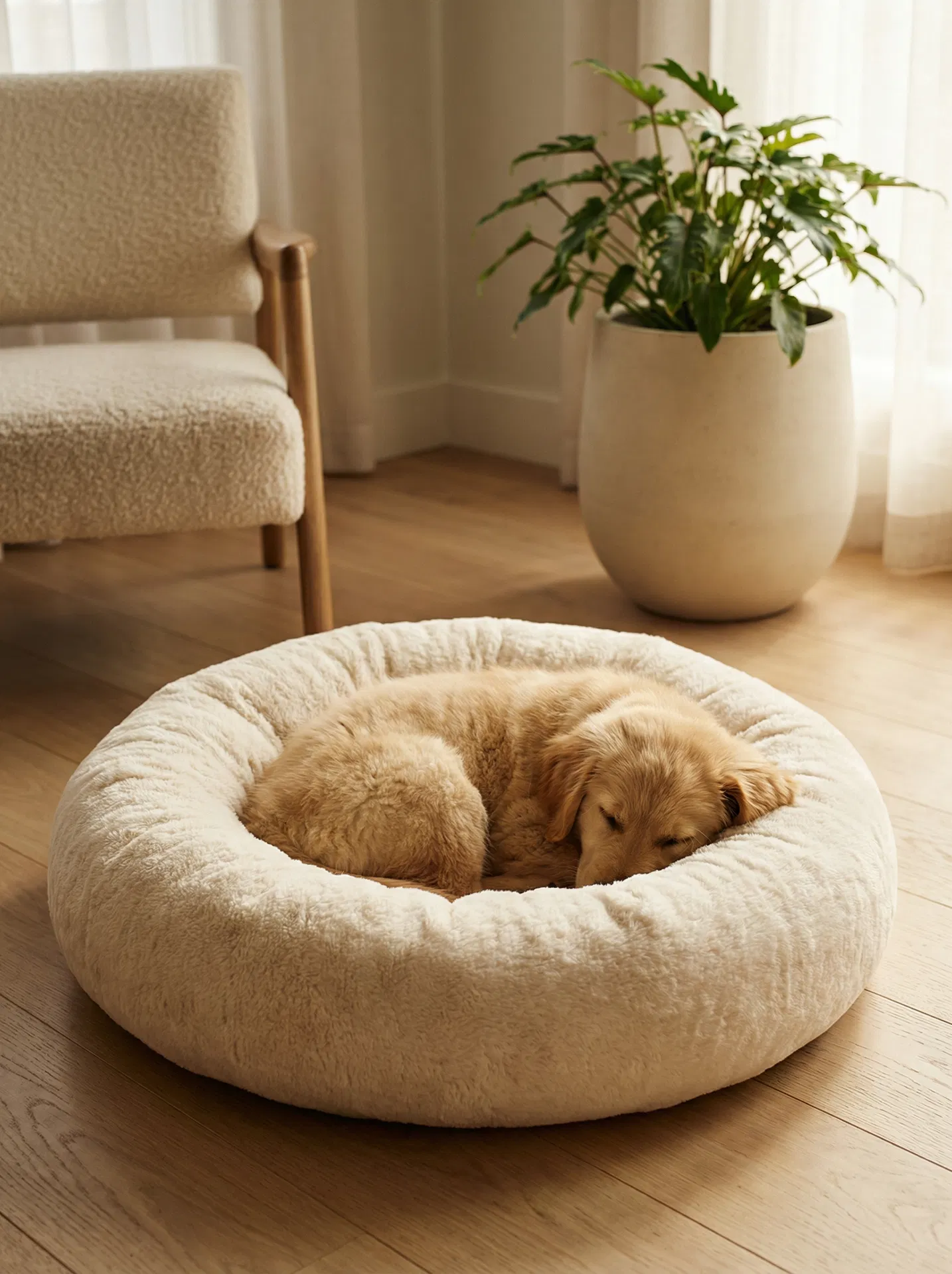Golden retriever puppy resting in a cozy bed