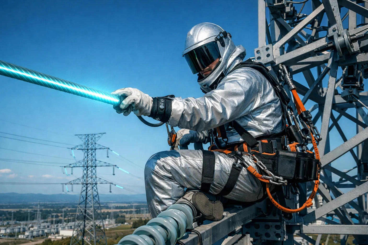 Professional lineman performing barehand live-line work