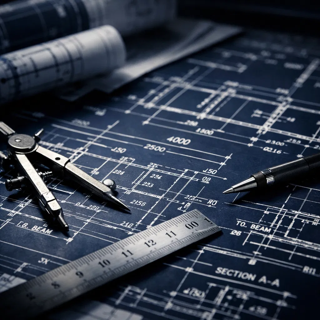 Structural engineering blueprints and technical drawings