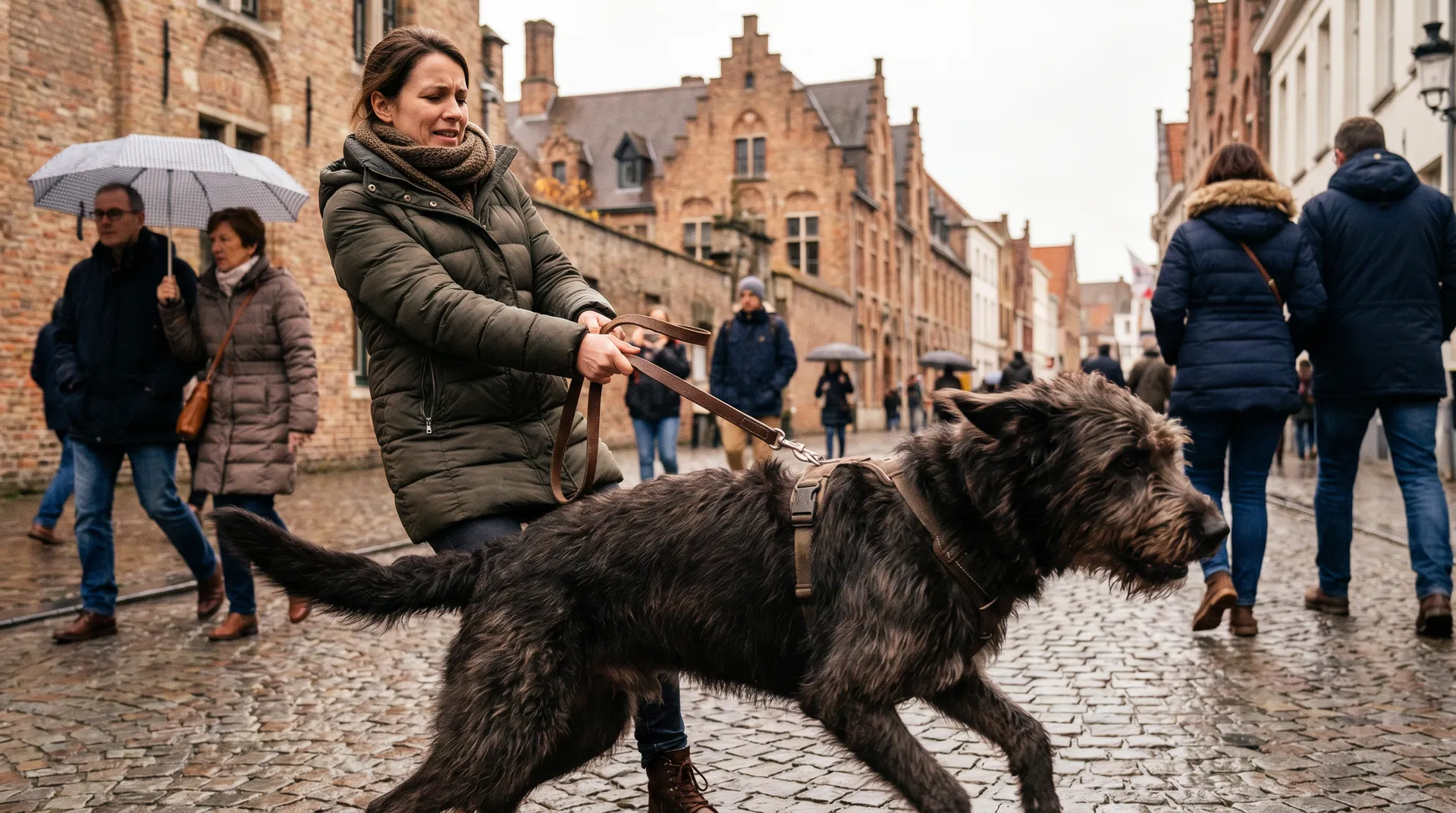 Gestresste vrouw met reactieve hond op straat
