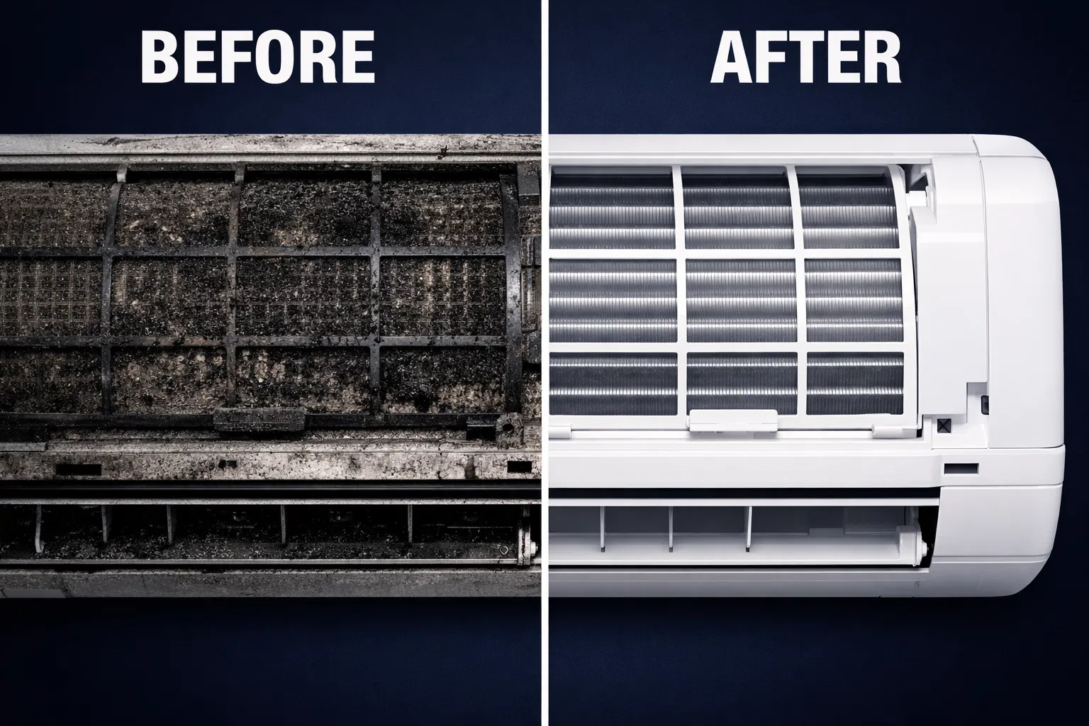 Before and after aircond cleaning comparison