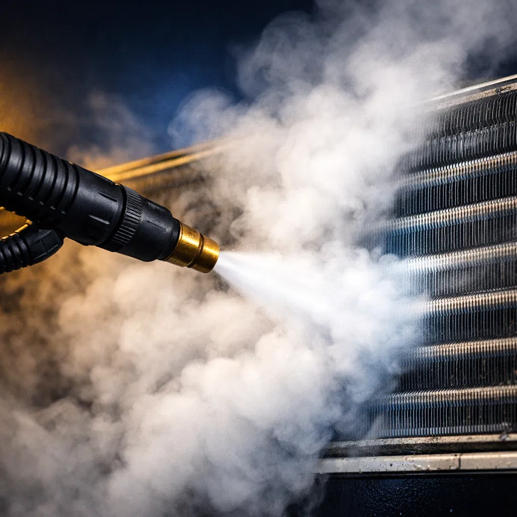 High pressure steam aircond cleaning in action