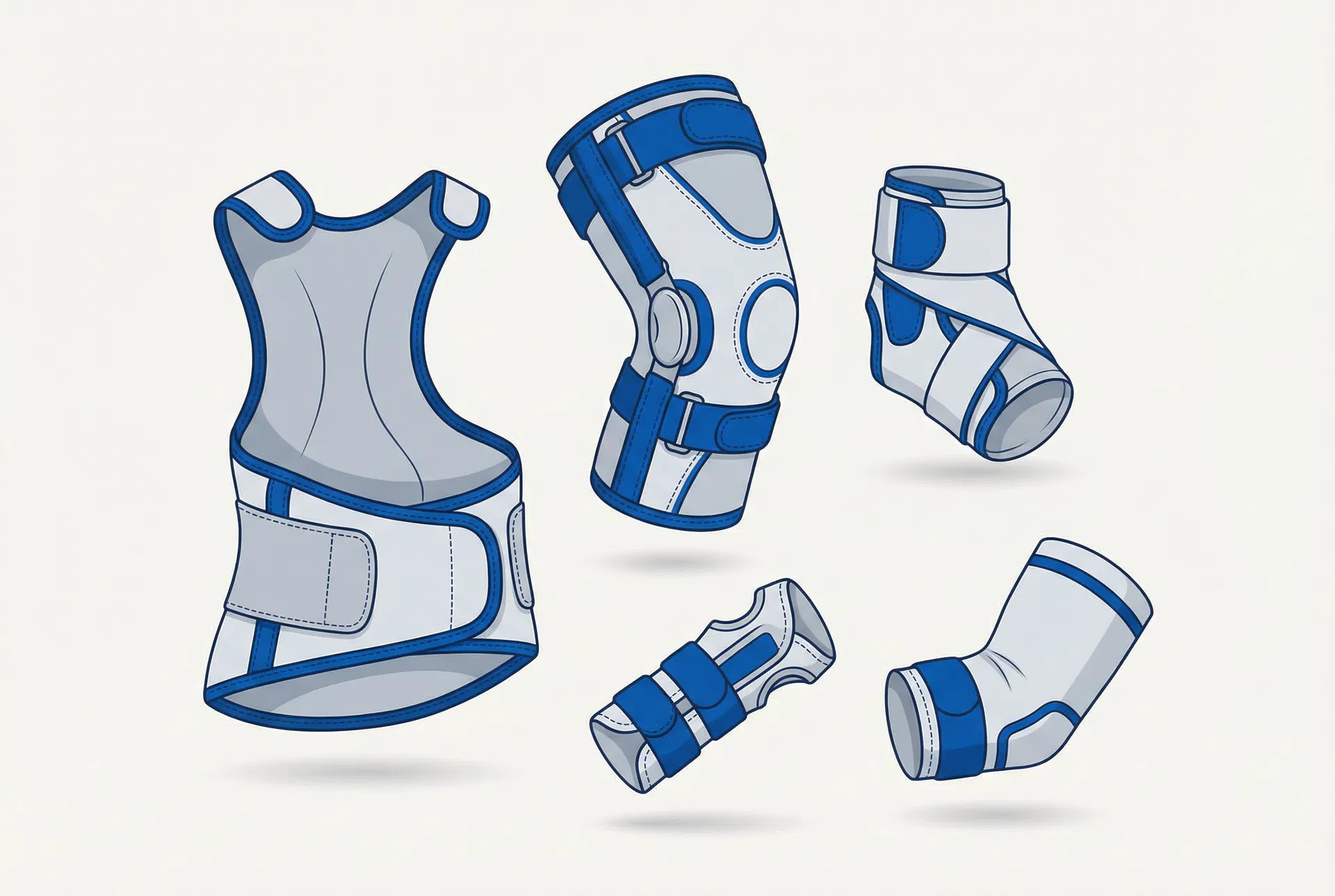 Various types of orthotic braces including back, knee, ankle, and wrist braces