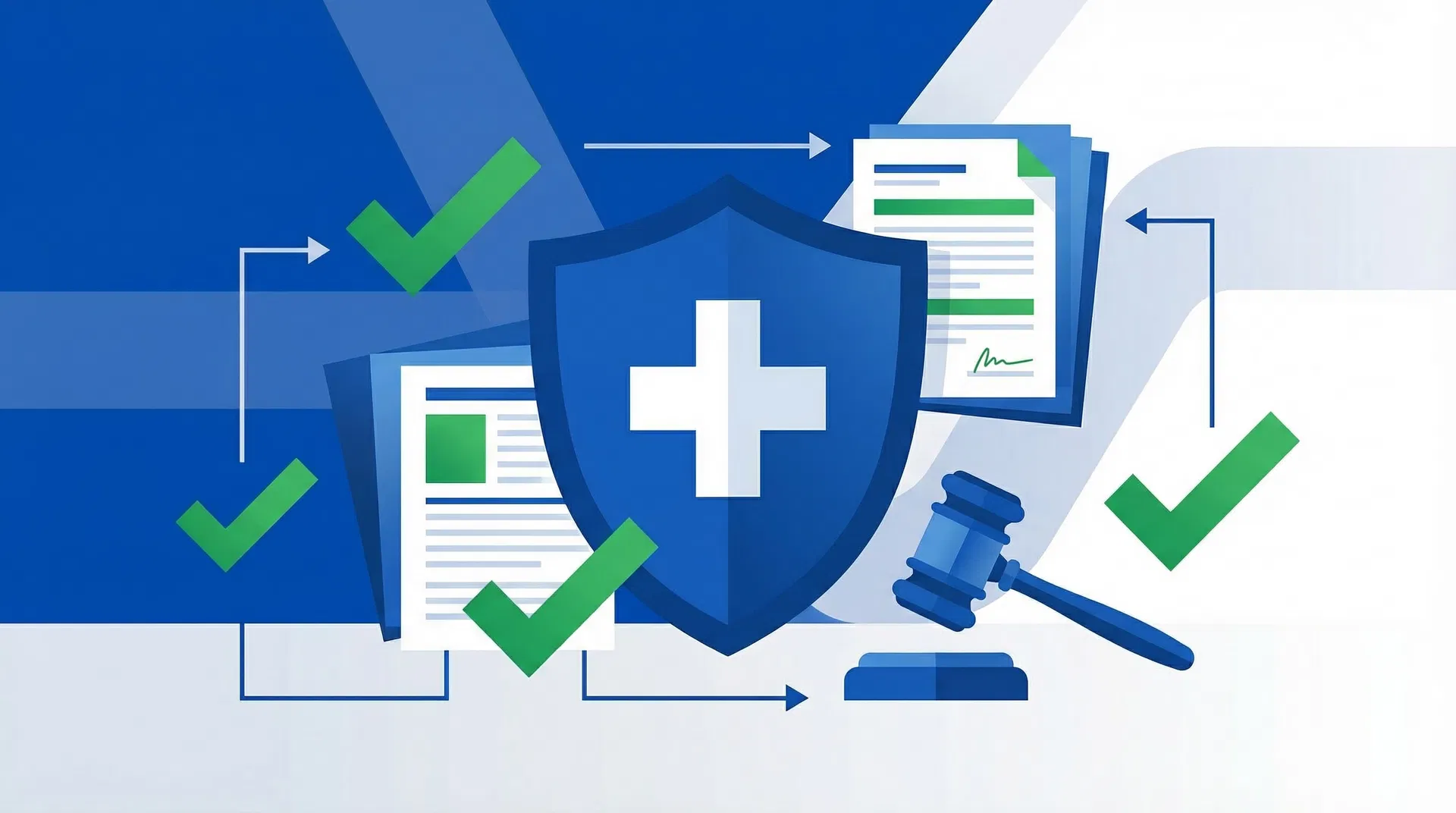 Healthcare compliance shield with regulatory documents and checkmarks