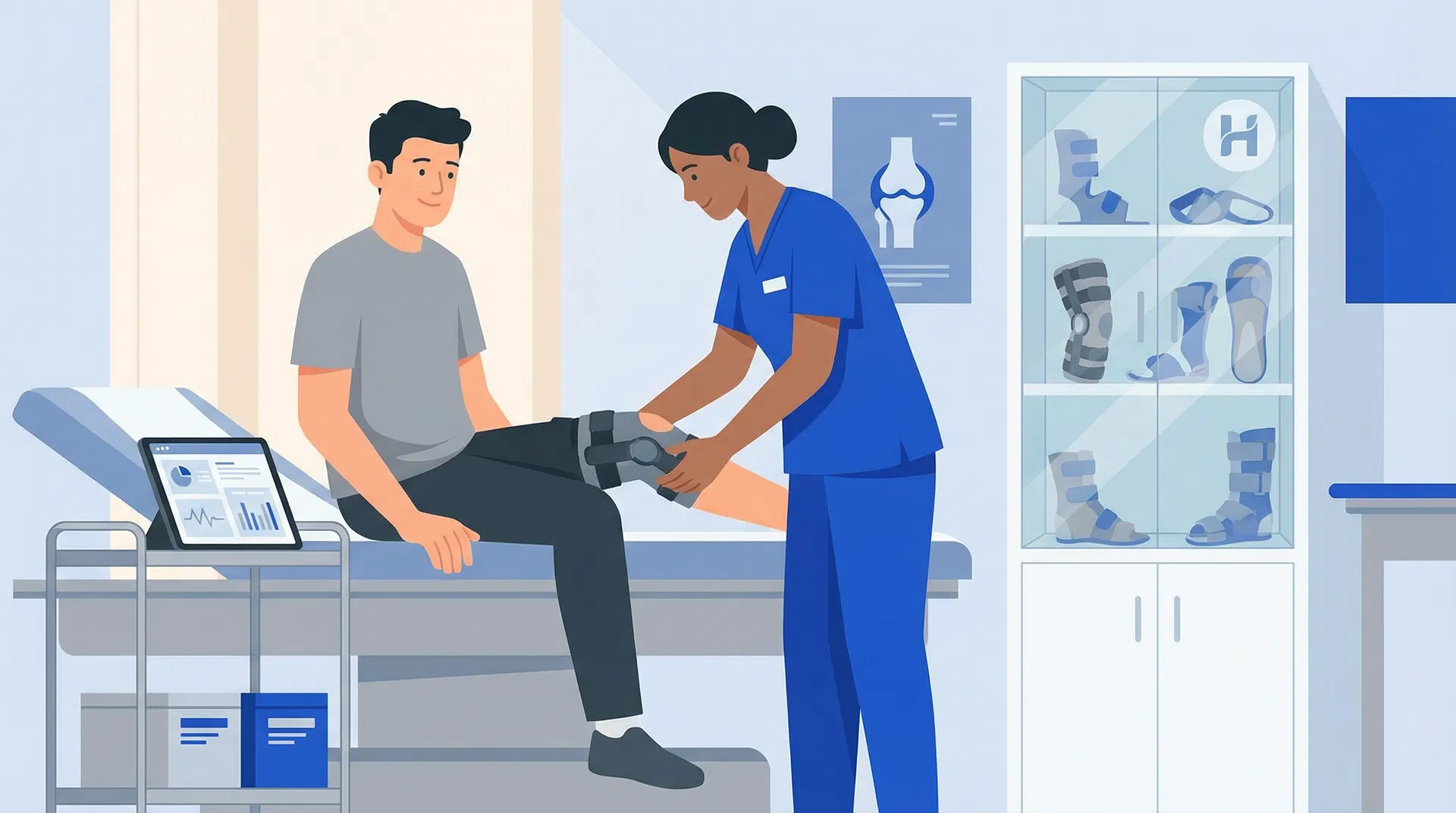 Medical professional fitting orthotic braces on a patient