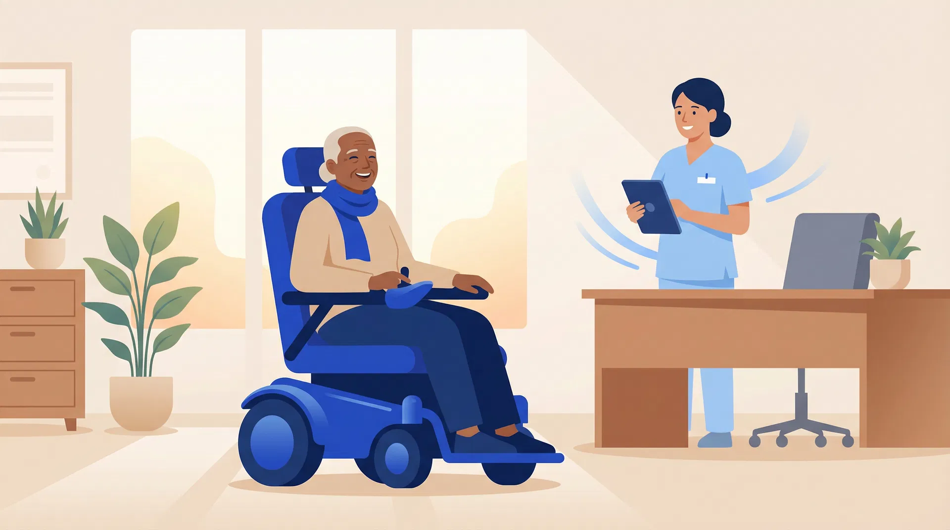 Elderly person gaining mobility with a power wheelchair