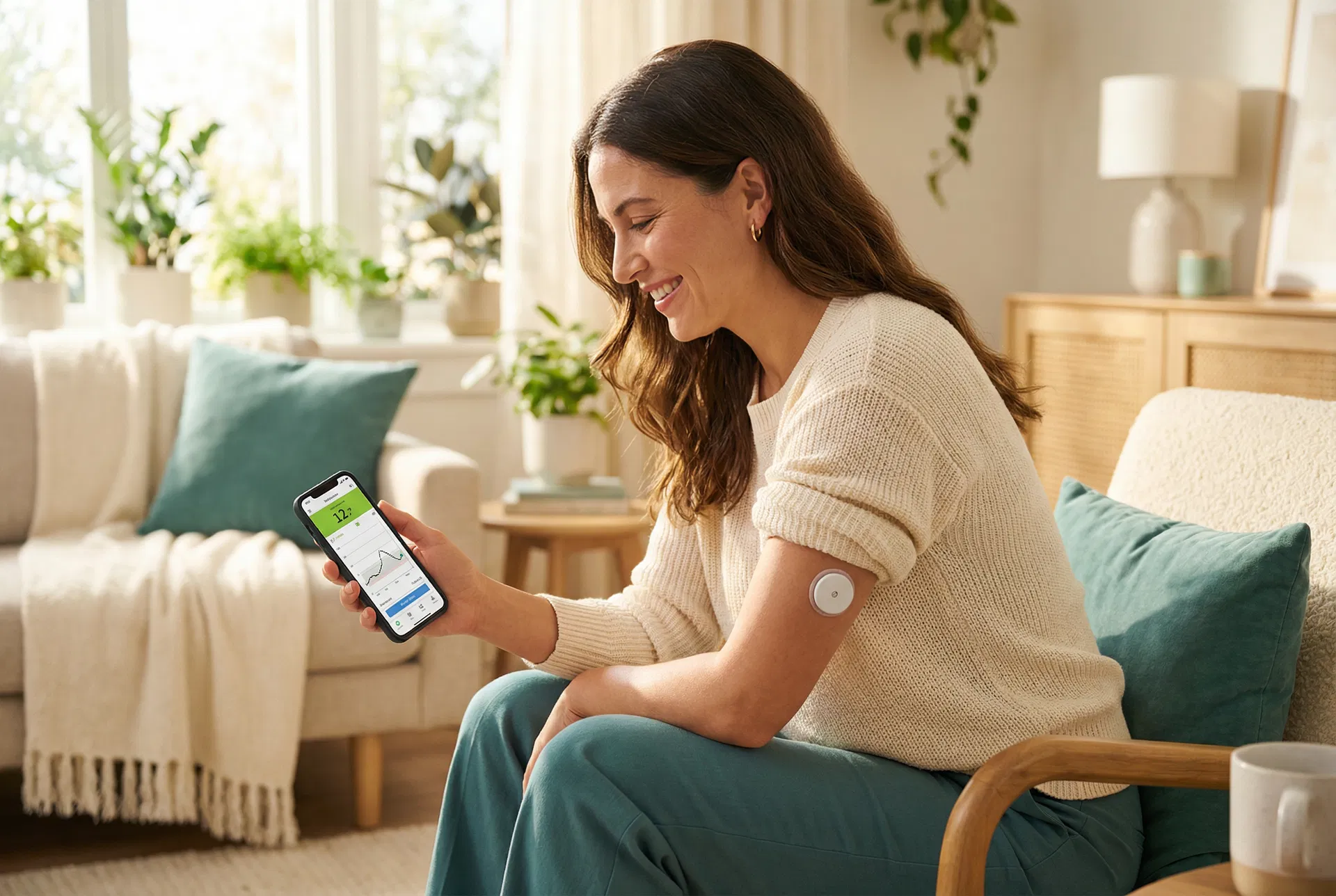 Woman checking continuous glucose monitor readings on her smartphone