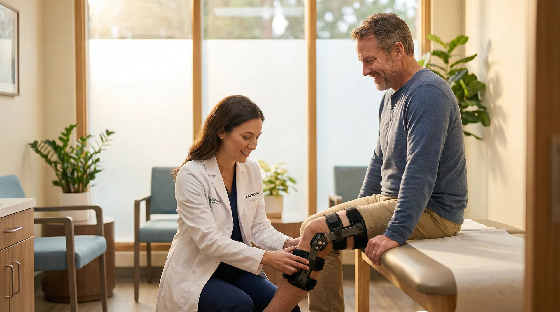 Medical professional fitting a knee brace on a patient