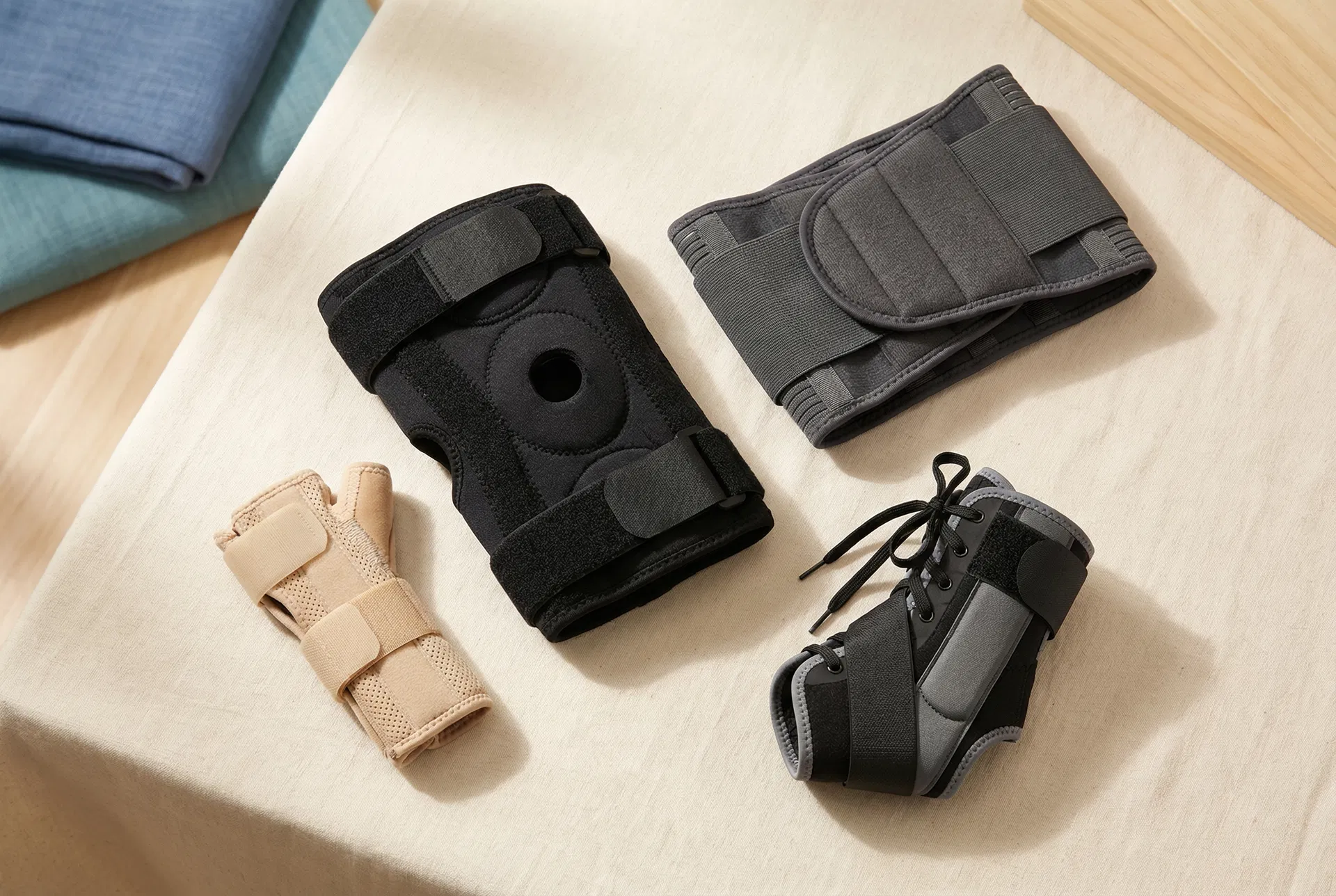 Collection of medical braces including knee, wrist, back, and ankle supports