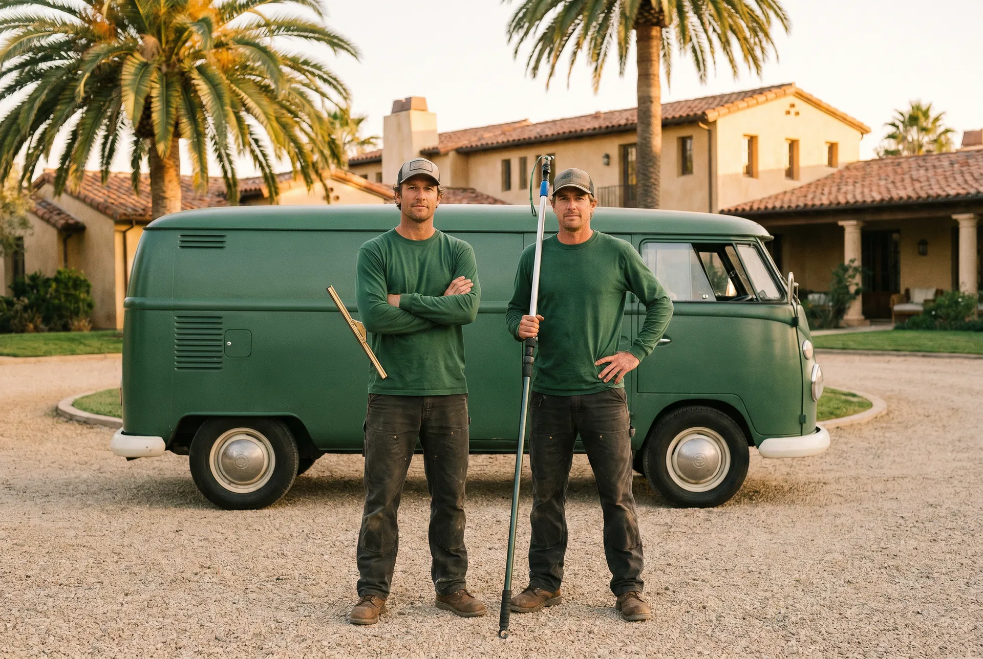 The Palms Window Cleaning crew in front of their vintage service van at a Calabasas estate