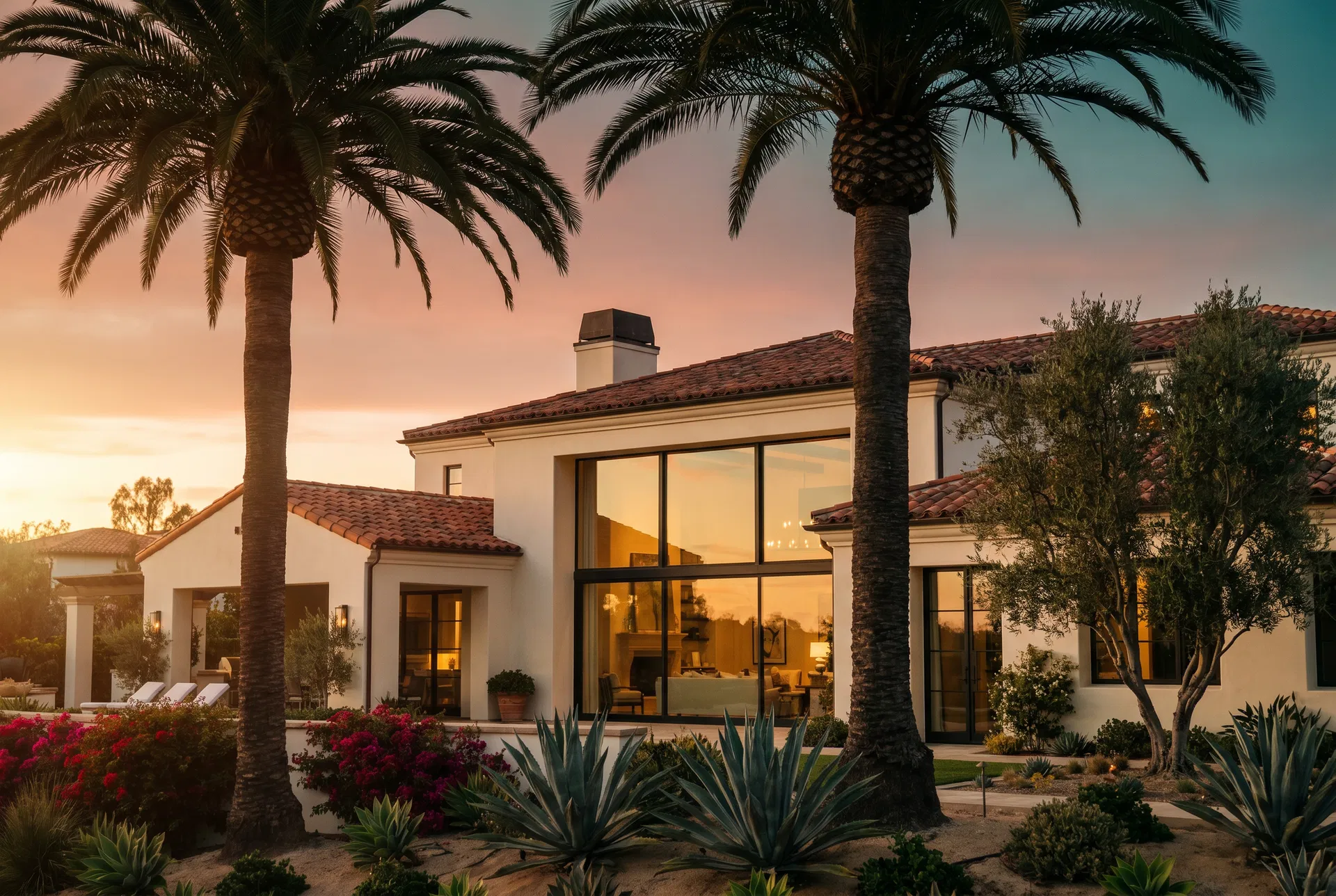 A Calabasas Spanish Mediterranean estate at golden hour with palm trees framing oversized clean windows