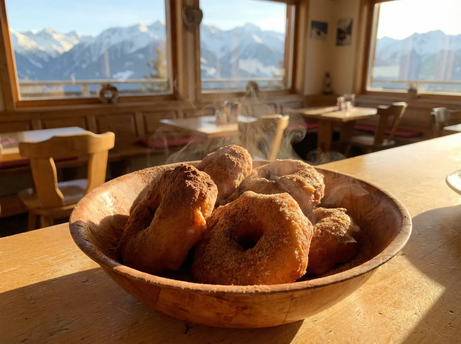 Steaming high-altitude donuts dusted with cinnamon sugar and cocoa at the Pikes Peak Summit House