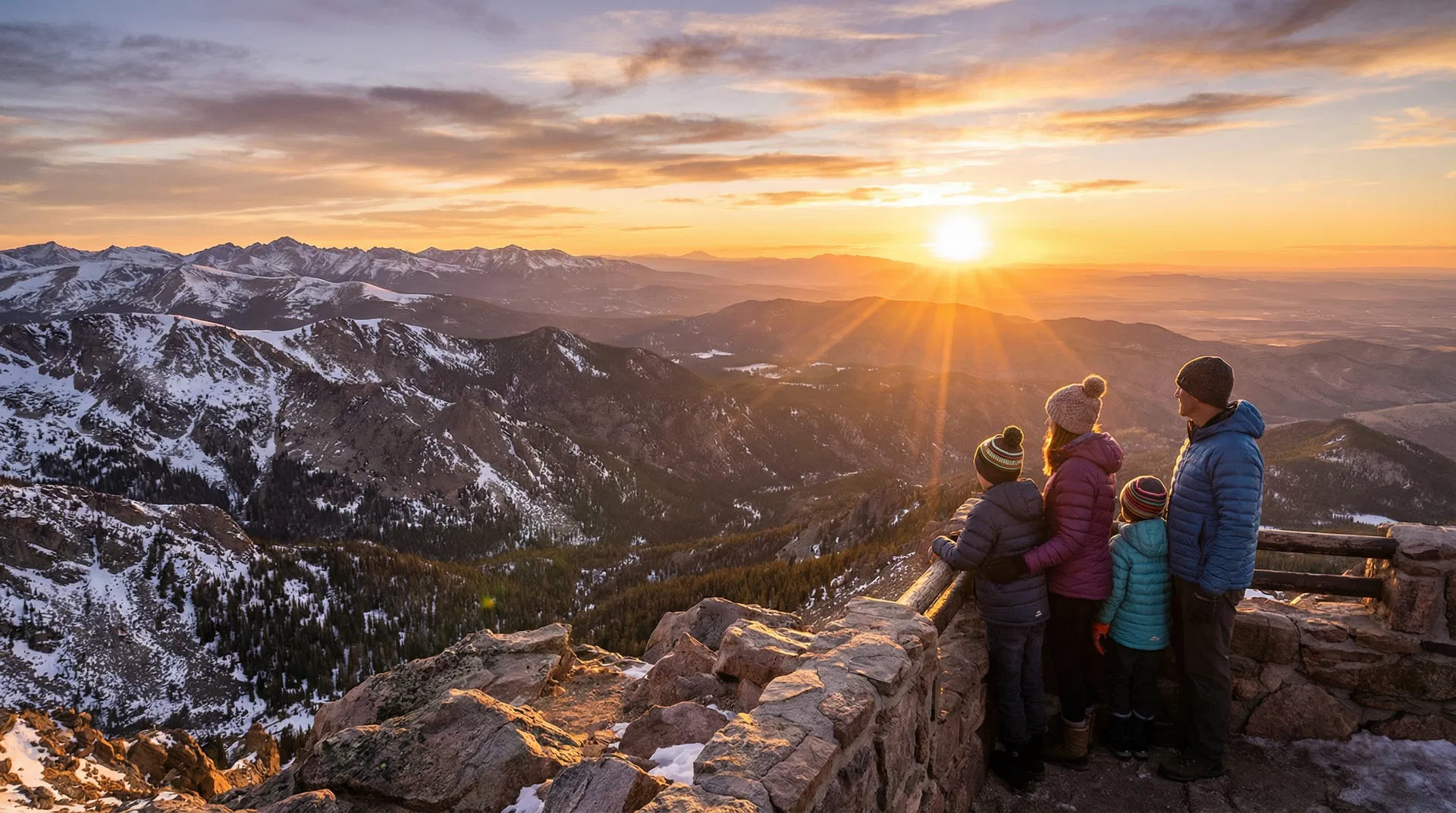 Family of four at the Pikes Peak summit overlook at golden hour, looking out over snow-dusted peaks
