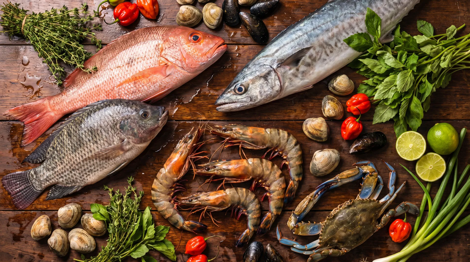 Fresh Caribbean seafood — shrimp, crabs, snapper, tilapia and kingfish with herbs