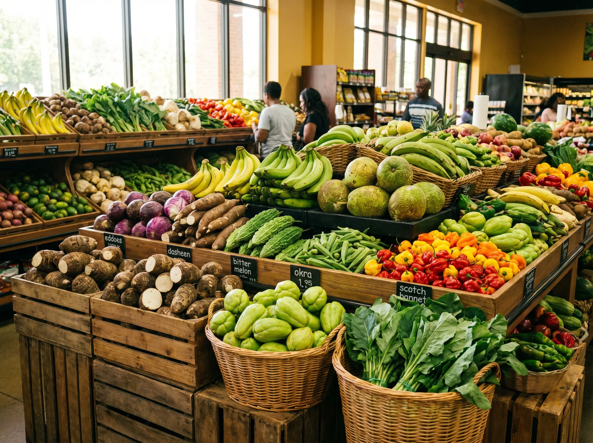 Fresh Caribbean produce — plantains, eddoes, scotch bonnets and more