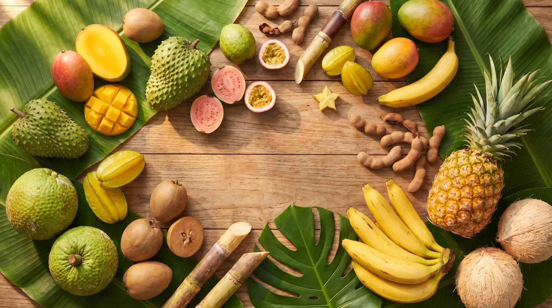 Fresh tropical Caribbean fruits — mango, soursop, guava, passion fruit, breadfruit, plantains and more