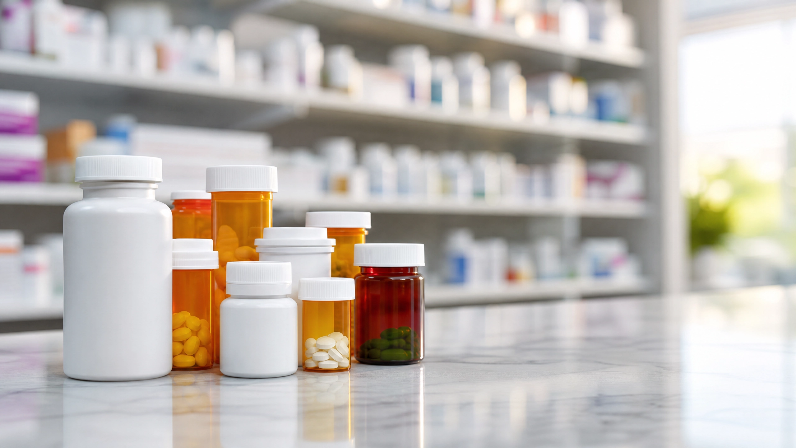 Prescription medication bottles arranged on a pharmacy counter representing lower drug costs through Medicare negotiation