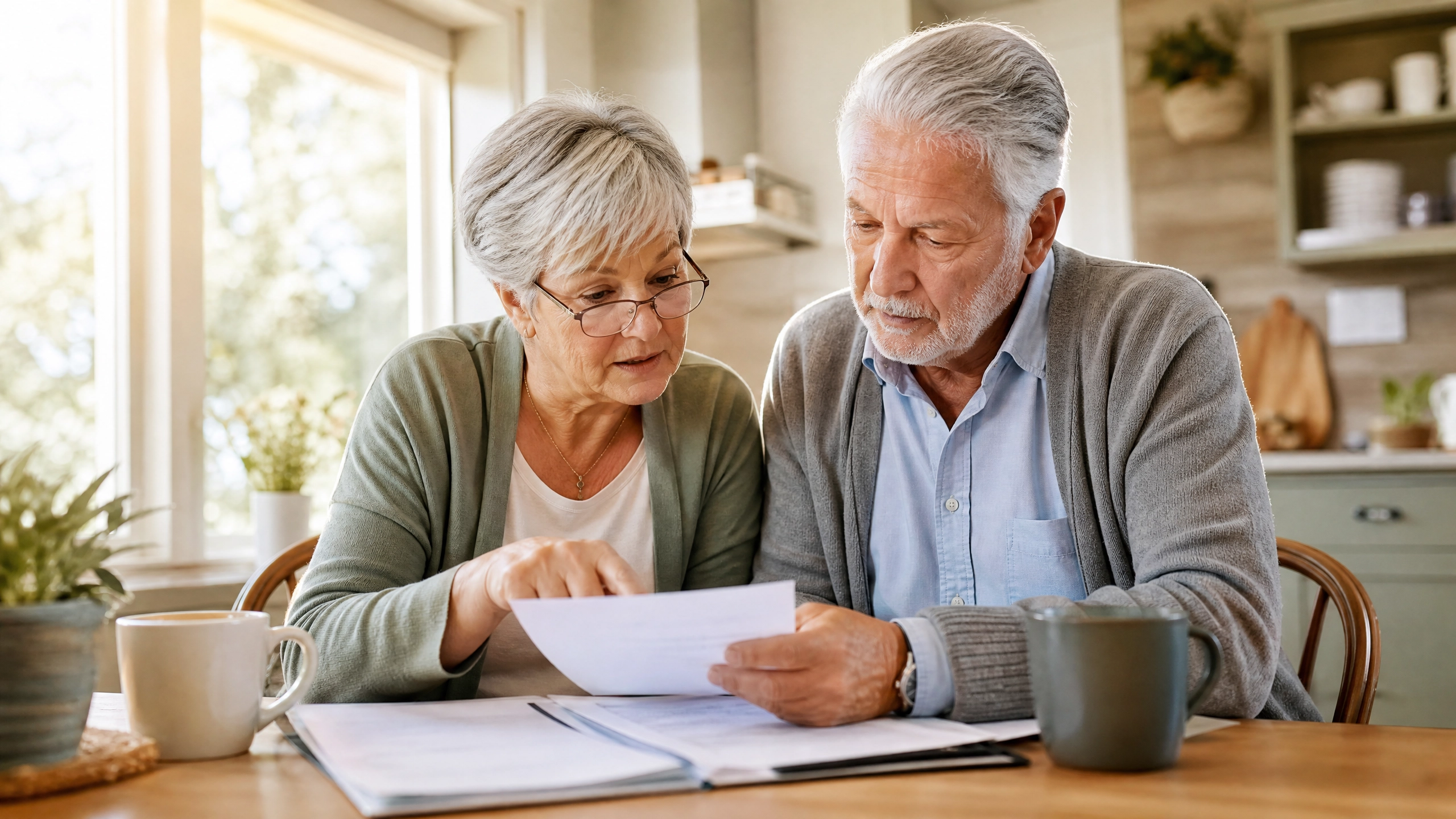 Senior couple reviewing Medicare coverage documents together at a kitchen table