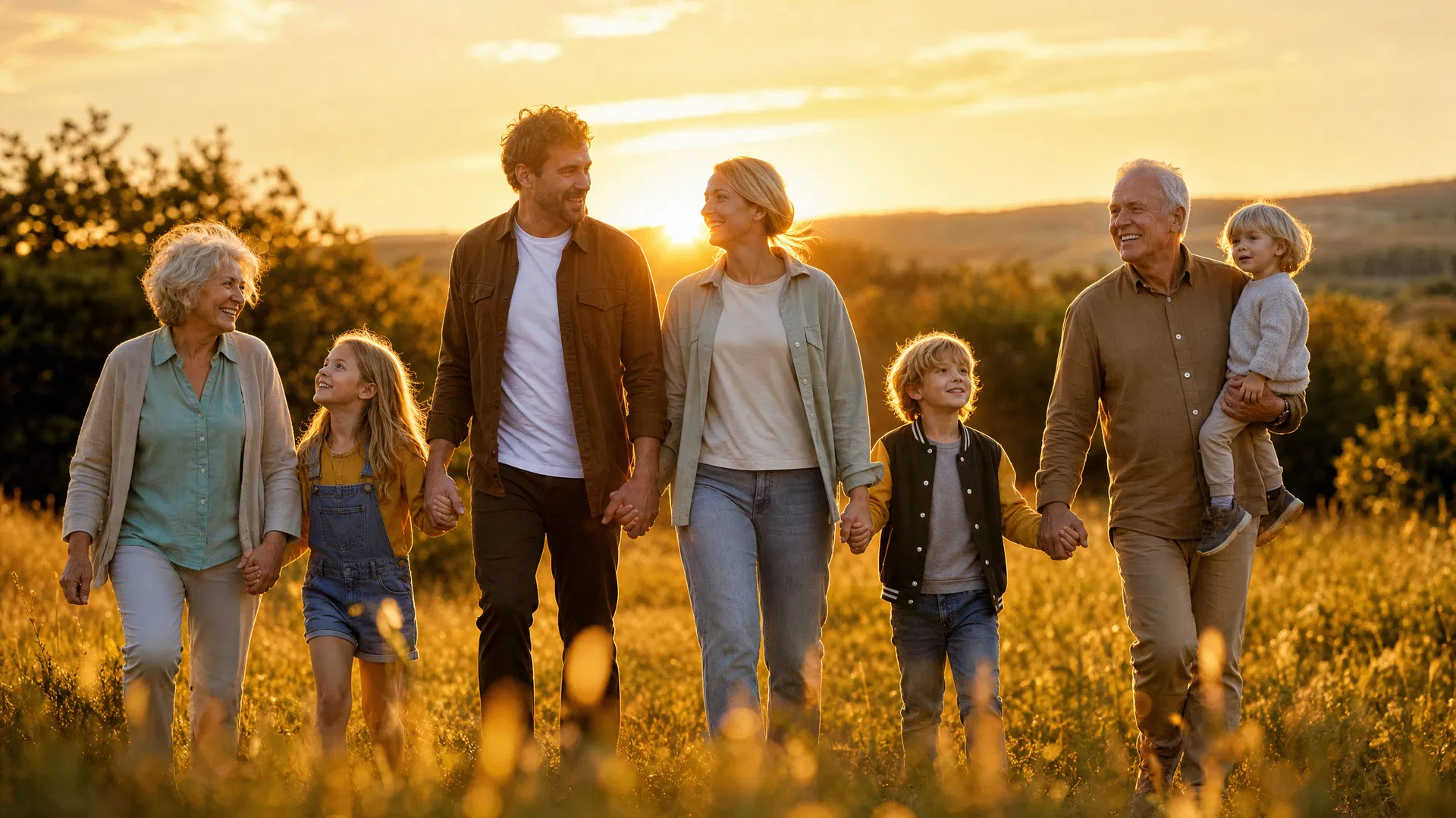 Family walking at sunset