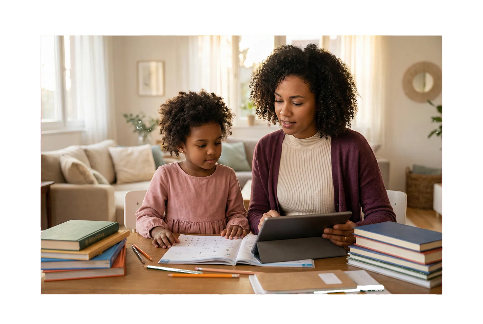 Black educator helping a young student in a warm tutoring environment