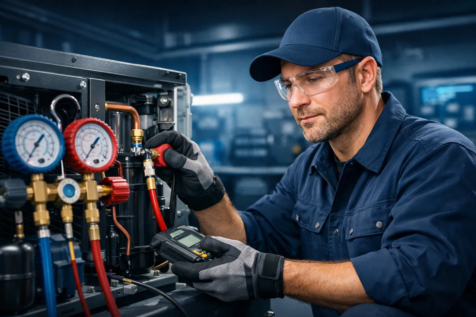 Professional HVAC technician working with certification