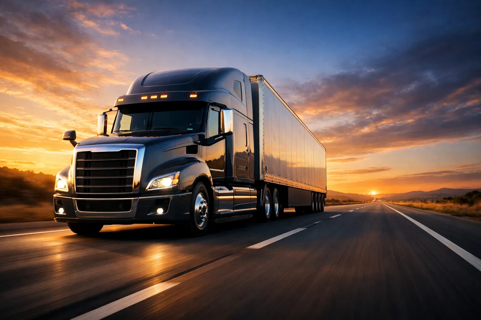 Professional semi-truck on highway at golden hour