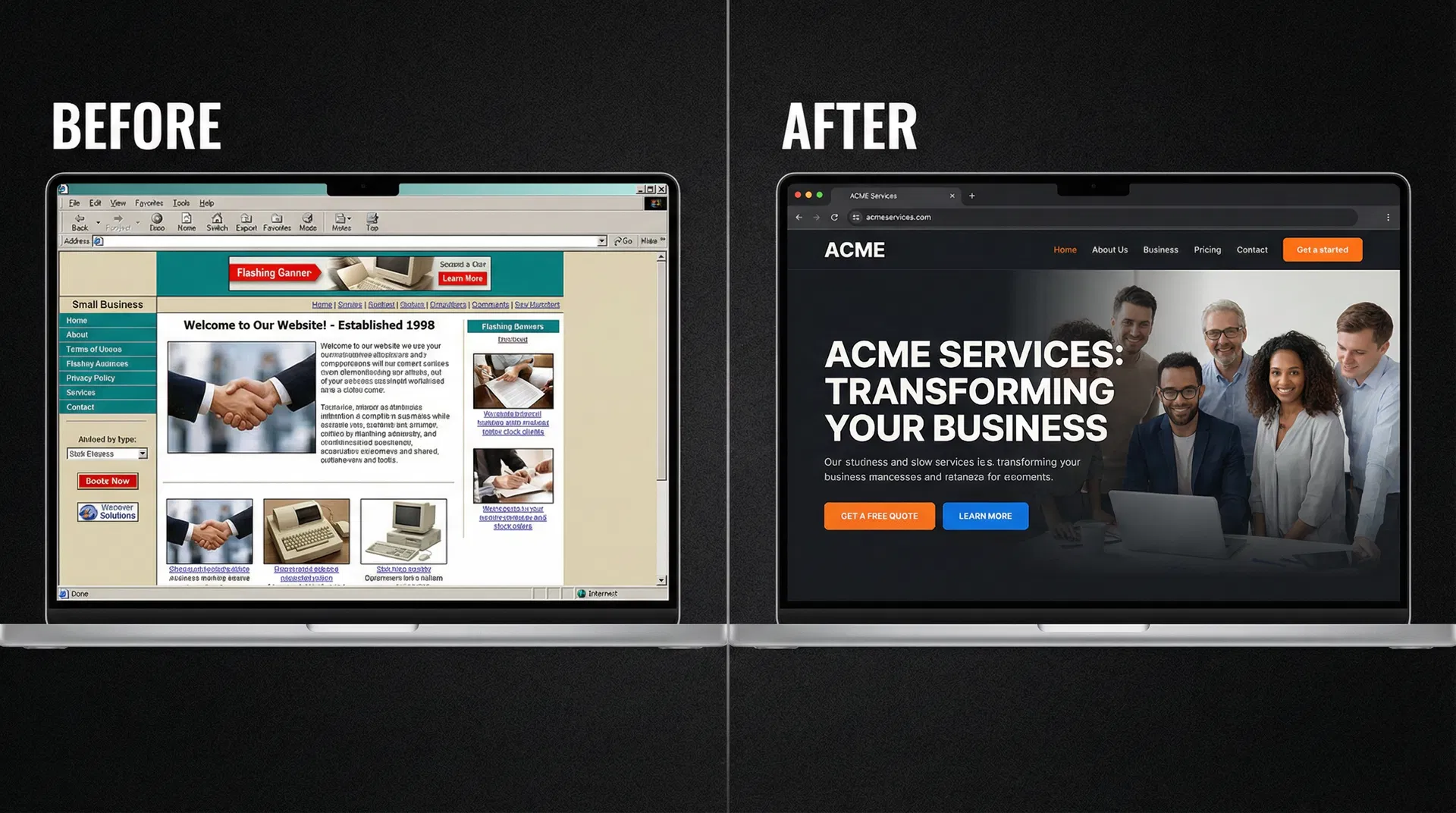 Before and after website transformation showing dramatic improvement