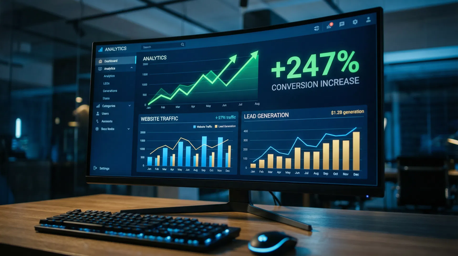 Analytics dashboard showing +247% conversion increase